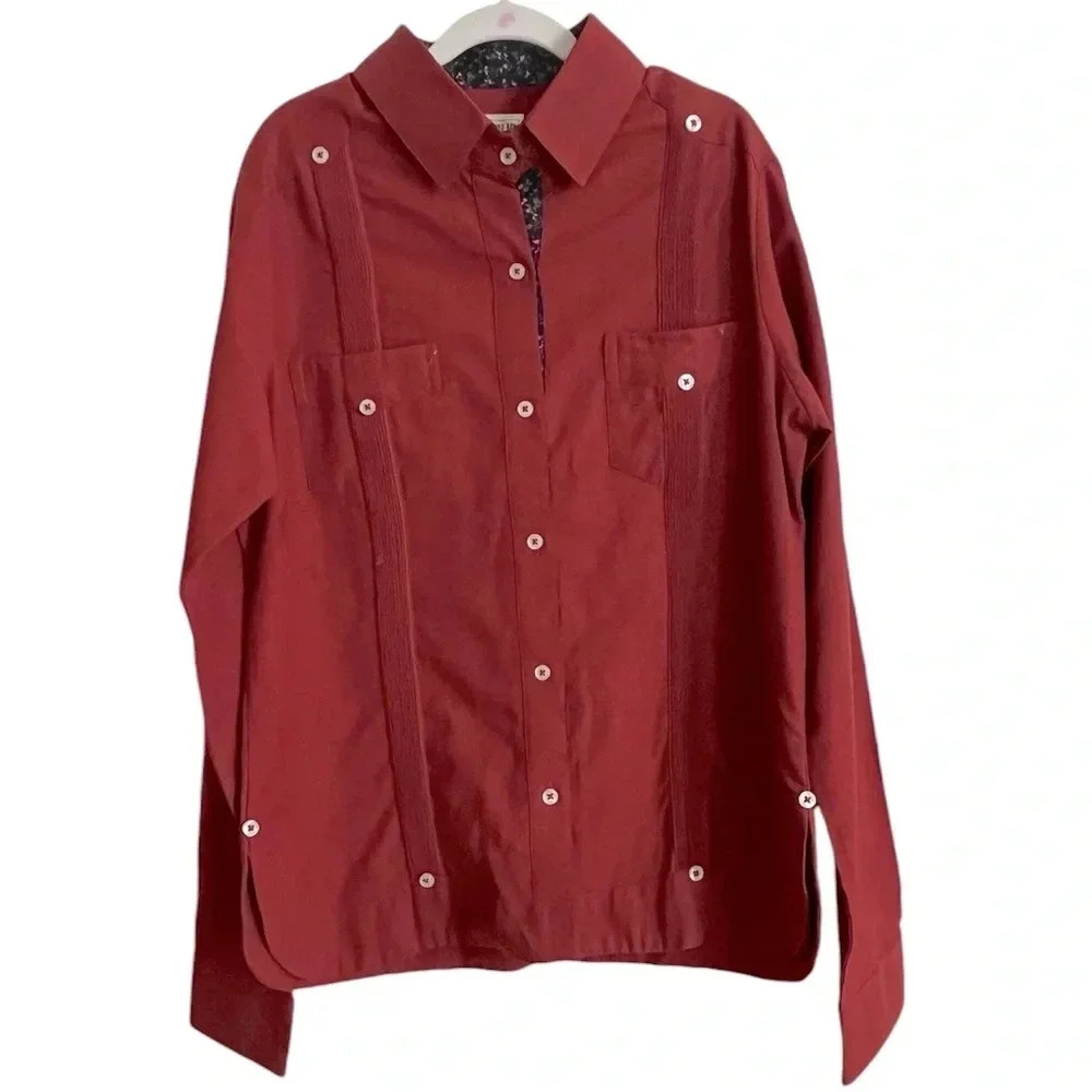 Cubavera long sleeve Guayabera Shirt burgundy floral details 80% Cotton kids M